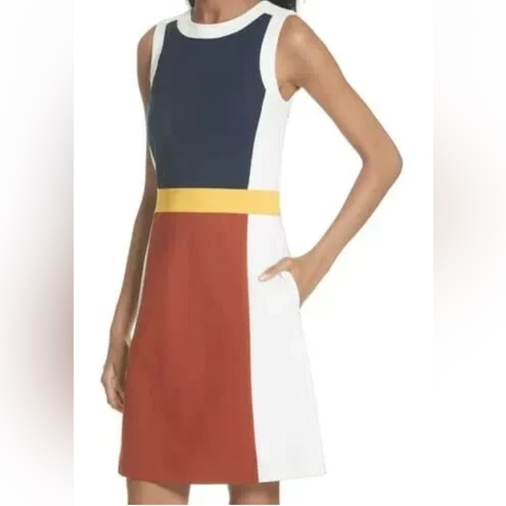 TORY BURCH Mya Navy Copper Colorblock Stretch Ponte Knit Sheath Dress XS = 0/2 - Picture 1 of 14